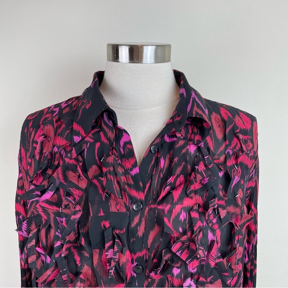 Elementz Black Red Beaded Ruffle Blouse Top Geometric Retro Women Size Large - Picture 3 of 6